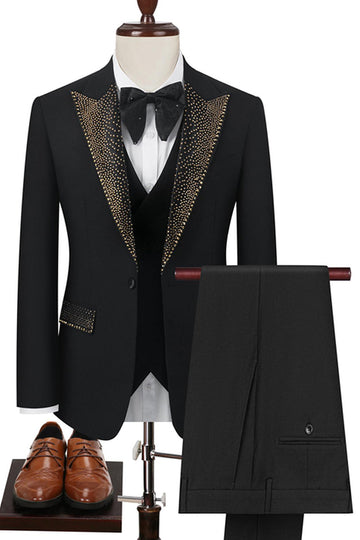 Sparkly Black One Button Peak Lapel Beaded 3-Piece Men's Prom Suits